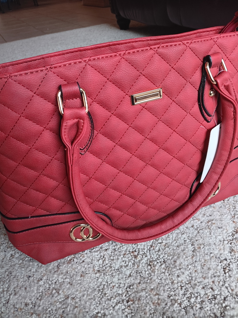 Quilted Tote Handbag in Coral Red with Gold Accents